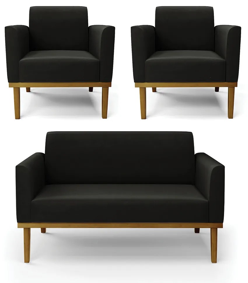 Conjunto 2 Poltronas e 1 Namoradeira Decorativa Isabella Pés Fixo em Madeira Castanho Suede Preto G19 - Gran Belo