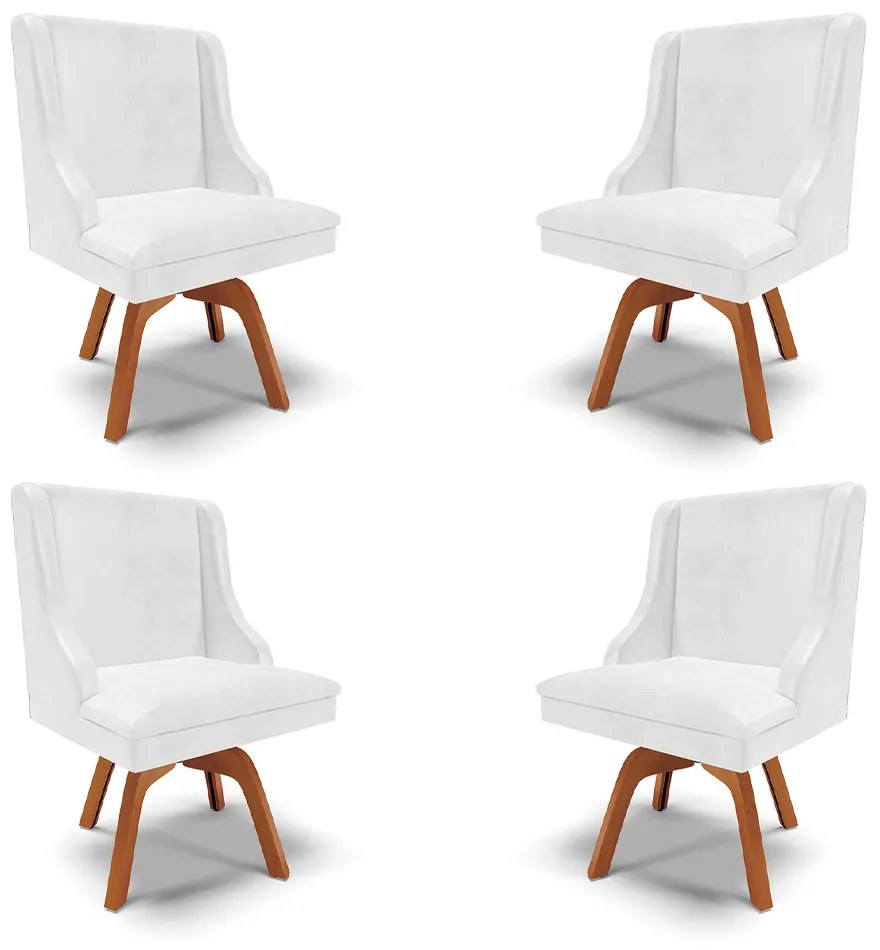 Kit 4 Cadeiras Decorativas Sala de Jantar Base Giratória de Madeira Firenze PU Branco Brilho/Natural G19 - Gran Belo