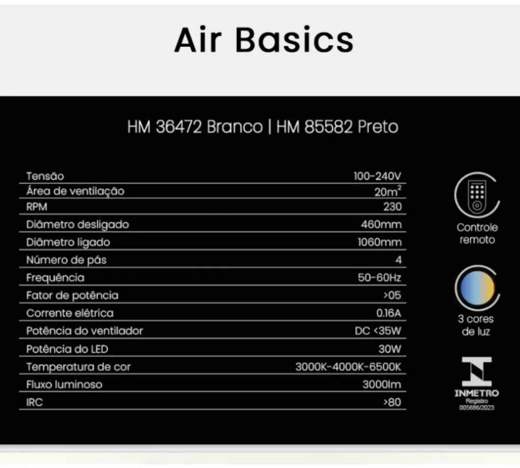 Ventilador De Teto Air Basic Branco Pás Retrátil Led 30W Multicolor Bi...