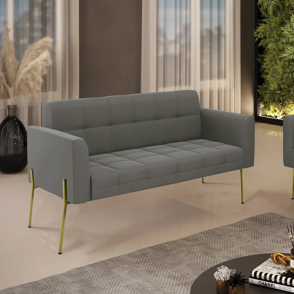 Sofá Namoradeira 2 Lugares Pé de Ferro Dourado Elisa Suede D03 - D'Rossi - Grafite