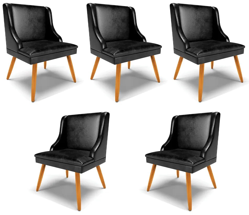 Kit 5 Cadeiras Decorativas Sala de Jantar Pés Palito de Madeira Firenze PU Preto Brilho/Natural G19 - Gran Belo