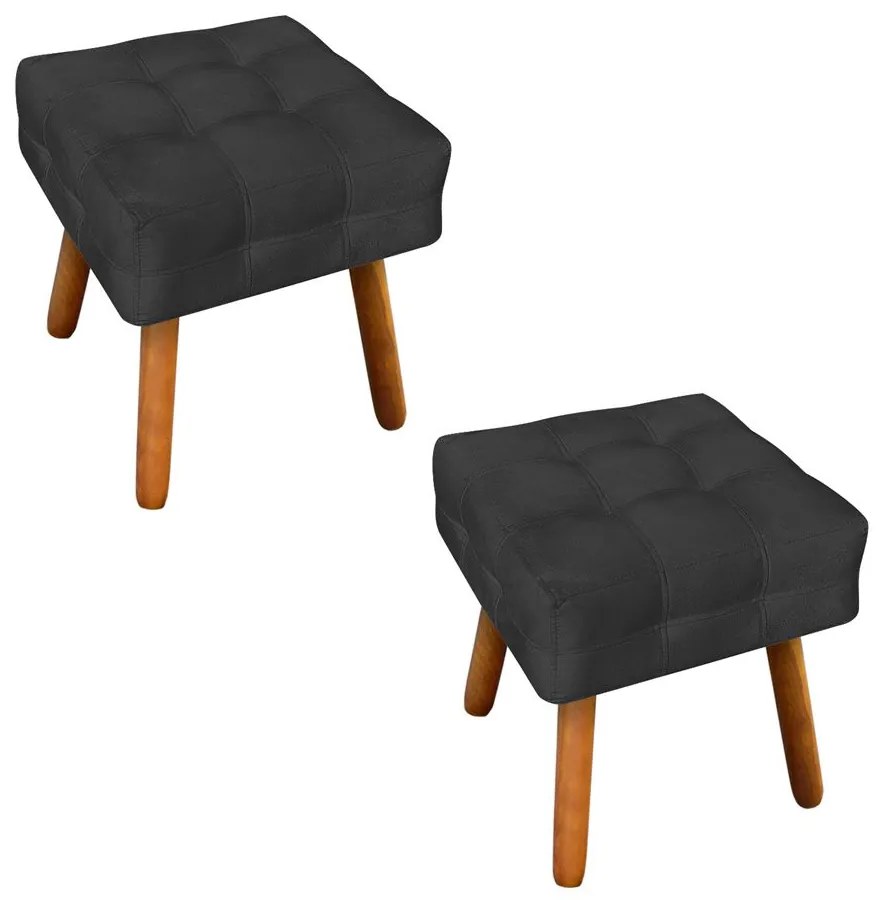 Puff Banqueta Decorativo Pé Palito de Madeira Kit 2 Elisa Suede Preto D03 - D'Rossi