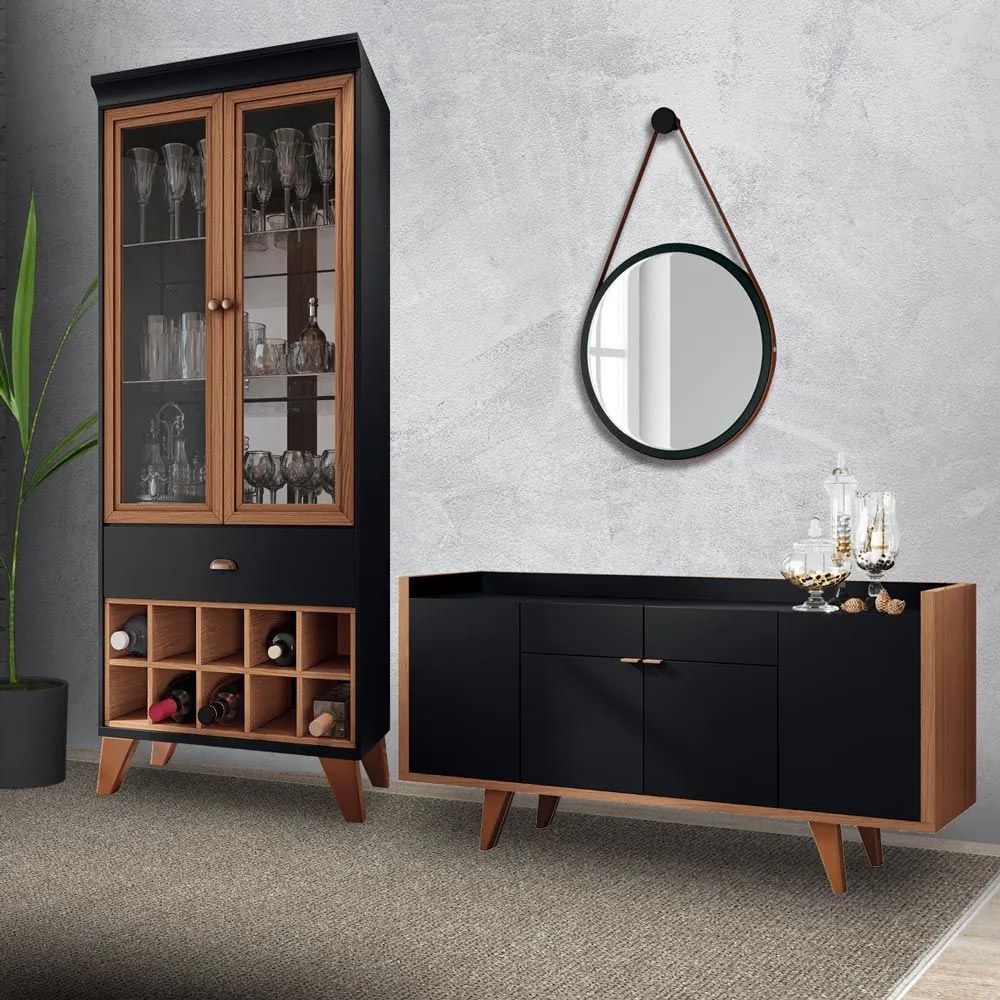 Conjunto Cristaleira Adega Bar e Buffet Balcão Decorativo Andorra/Albani Preto/Nature G26 - Gran Belo