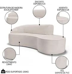 Sofá Living  2 Lugares 180cm Braço Esquerdo Mozart D06 Linho Cru - Mpo