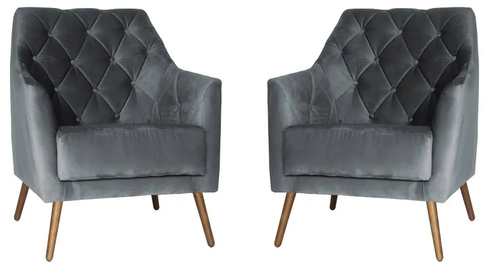 Kit 2 Poltronas Atena Decorativa Botonê Pés Palito Veludo Cinza