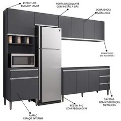 Cozinha Modulada 4 Peças Balcão sem Tampo 160cm Andréia Cinza - AJL Mó