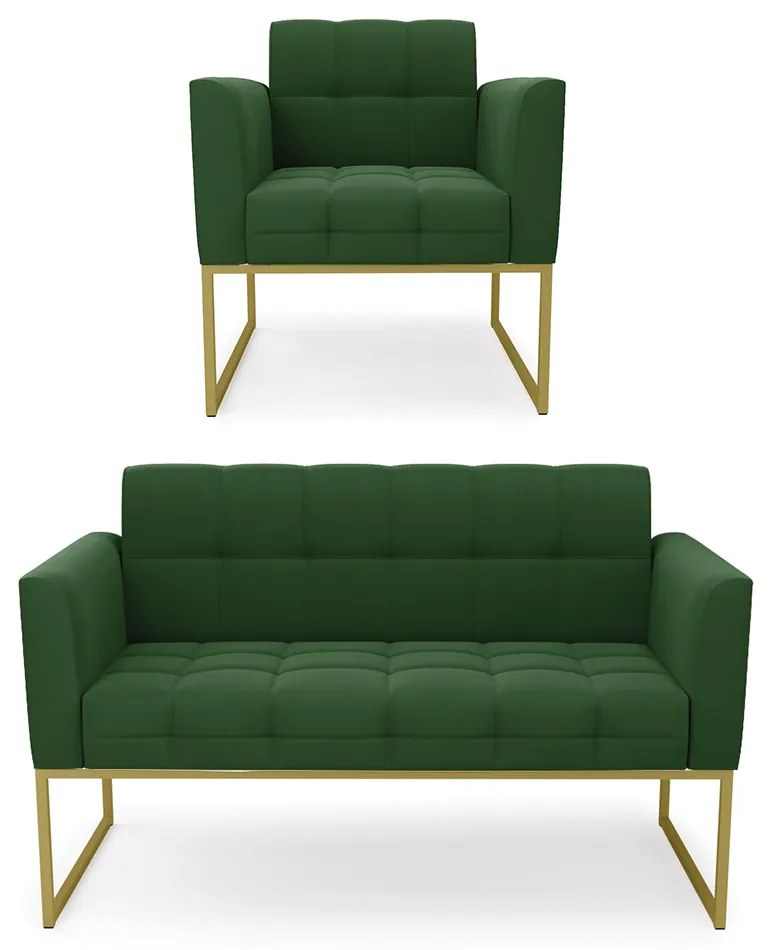 Kit 1 Sofá Namoradeira e 1 Poltrona Elisa Suede Base Metálica Industrial Dourado - D'Rossi - Verde