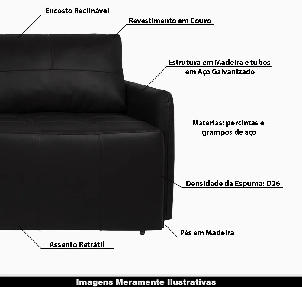 Sofá Decorativo 3 Lugares Sala de Estar 220cm Reclinável e Retrátil Kassandra Couro Preto G34 - Gran Belo