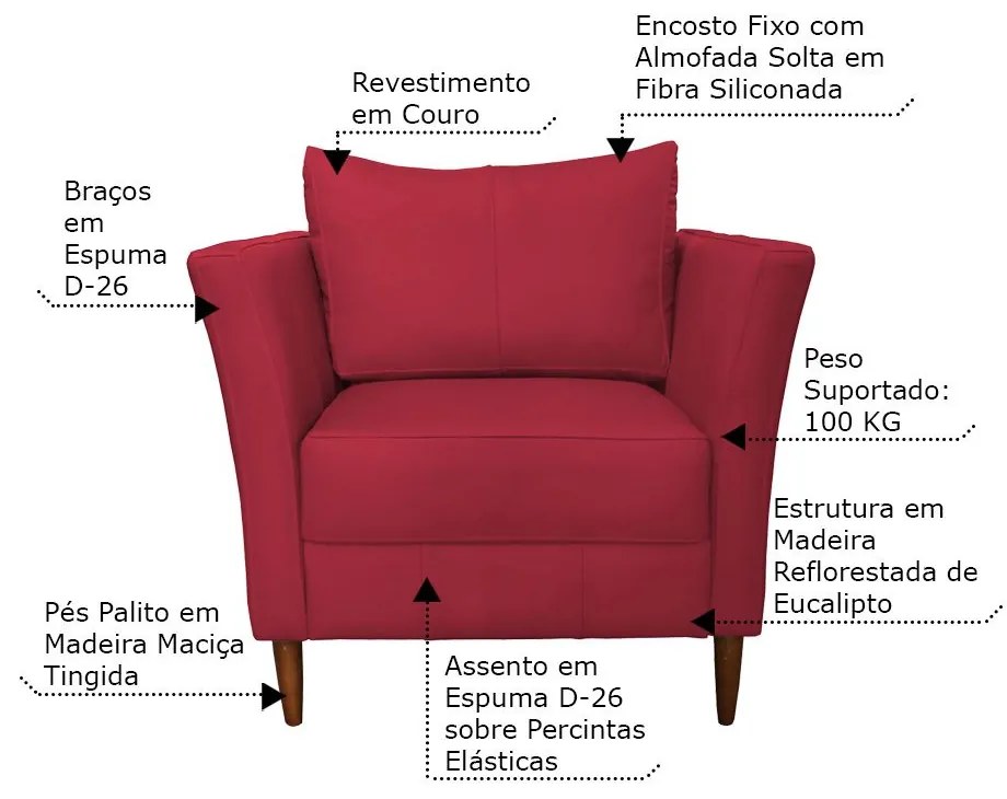 Poltrona Decorativa Sala de Estar Pés Palito Lubbock Couro Vermelho G58 - Gran Belo