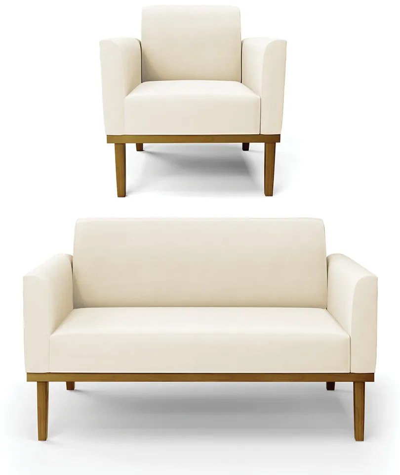 Conjunto Poltrona e Namoradeira Decorativa Isabella Pés Fixo em Madeira Castanho Veludo Bege G19 - Gran Belo