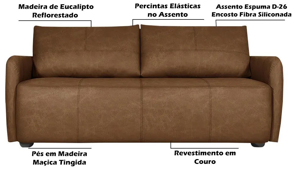 Sofá Decorativo Sala de Estar Lily 3 Lugares 200cm Couro Caramelo G34 - Gran Belo