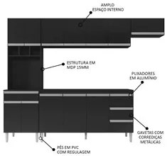 Cozinha Modulada 4 Peças Balcão com Tampo 160cm Andréia Preto - AJL Mó