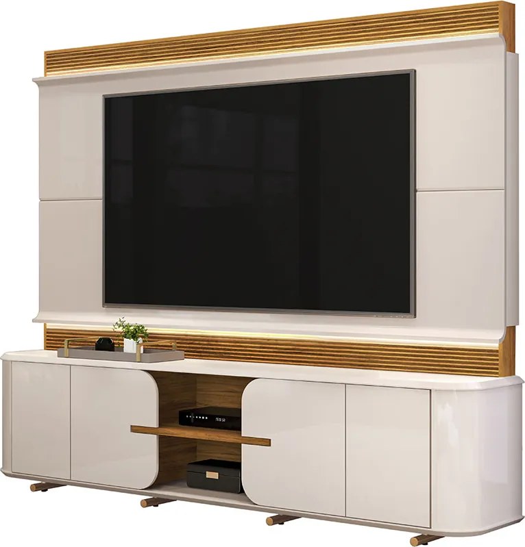 Home Estante TV 75" Ahri Ripado Canelado 4 Portas com Amortecimento OffWhite/Freijó G18 - Gran Belo