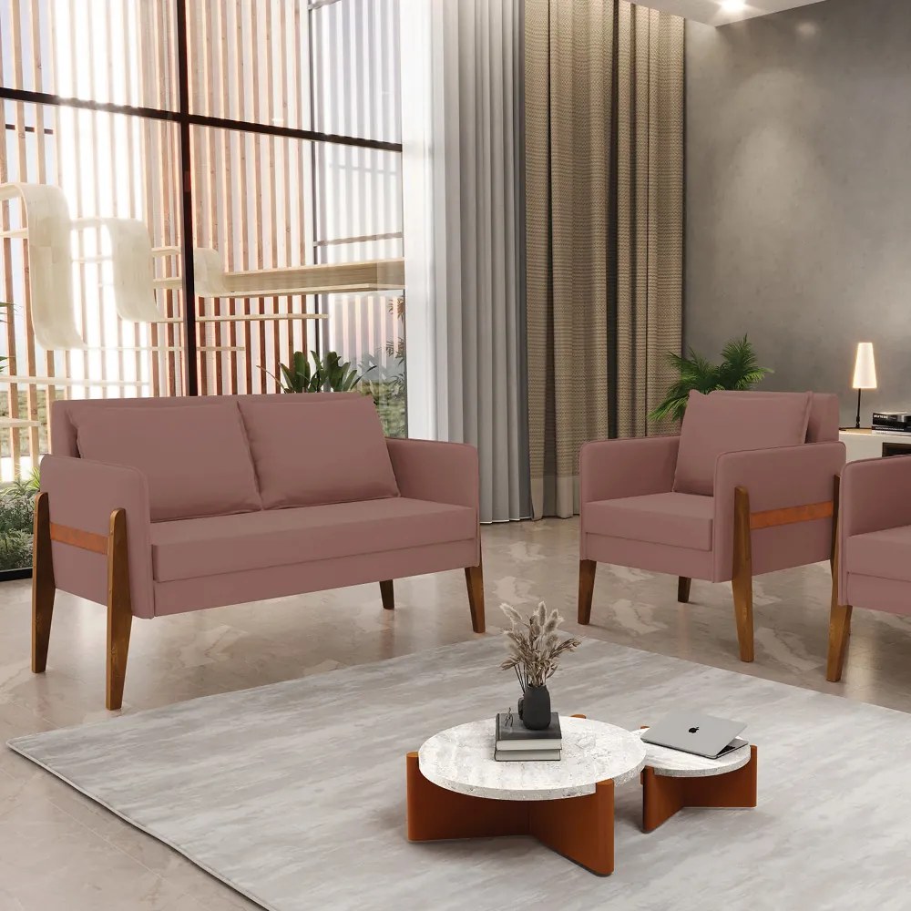 Kit 1 Sofá Namoradeira e 1 Poltrona Lana Veludo Rosê Base de Madeira - D'Rossi