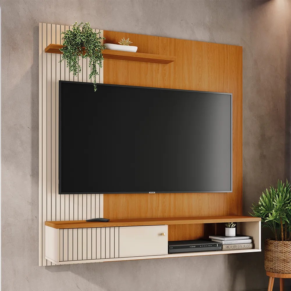 Painel TV 65 Pol 161cm Bancada Suspensa para Sala Dorema Cinamomo/Off White M20 - D'Rossi