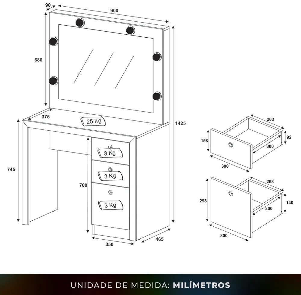 Penteadeira para Quarto Decorativa PE2010 MPD Branco G69 - Gran Belo
