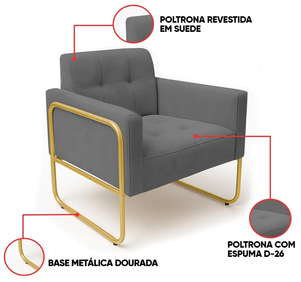 Poltrona Sala Industrial Alta Tubo Dourado Elisa Suede D03 - D'Rossi - Grafite