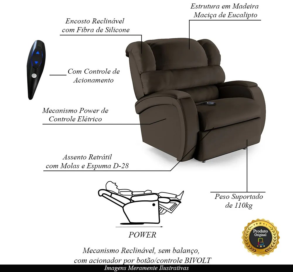 Poltrona do Papai Sala de Cinema Reclinável Kylie Controle Power Elétrico PU Marrom G23