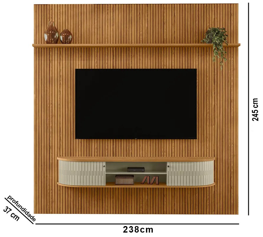 Painel TV 75 Pol 238cm Kalven e Bancada Suspensa Aurenzo Cumaru/Opala M20 - D'Rossi
