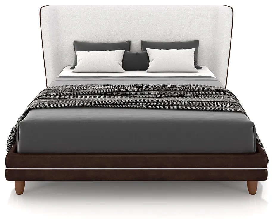 Conjunto Cama com Cabeceira Casal Torres Pés em Madeira PU/Bouclê Marrom/Off White G91 - Gran Belo
