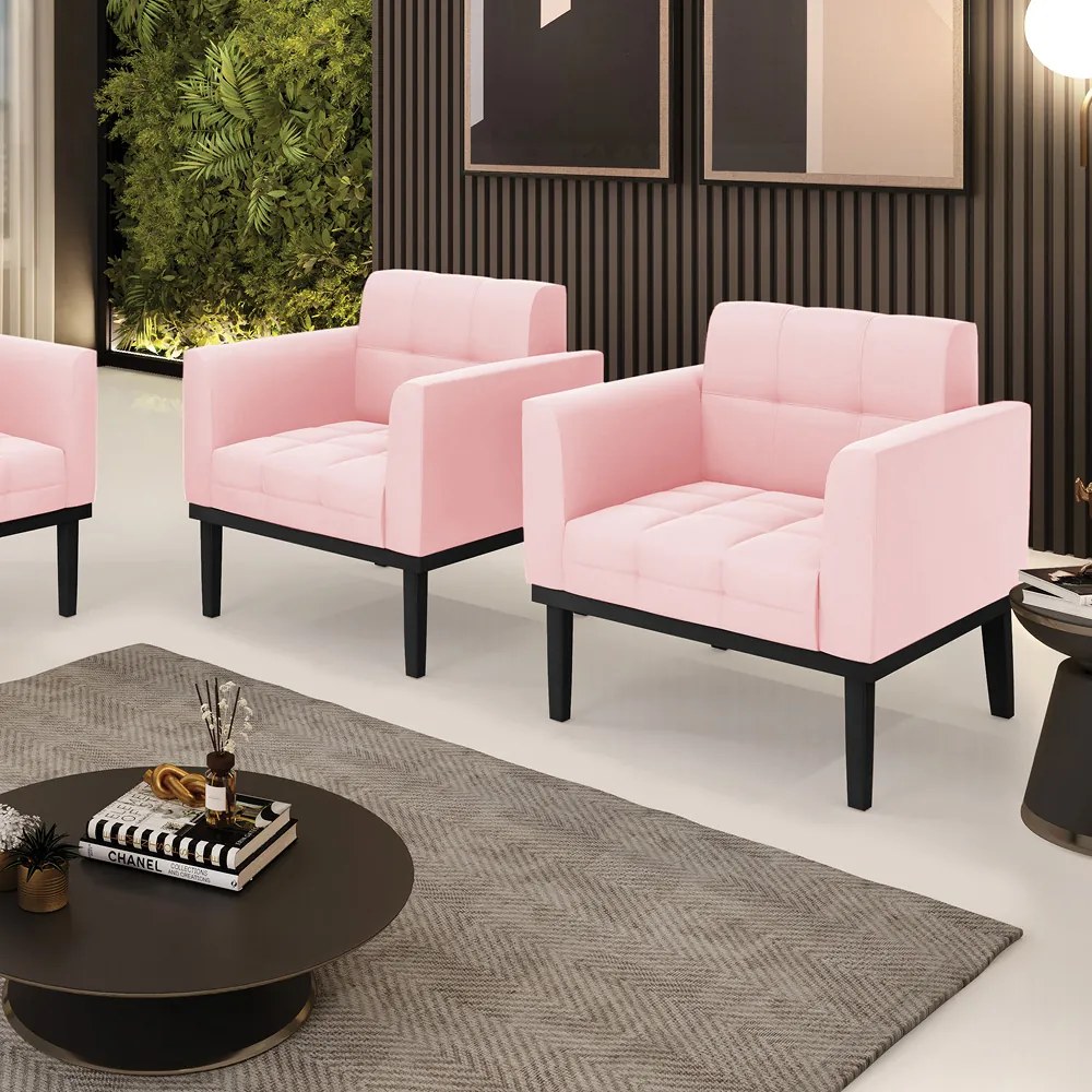 Kit 2 Poltronas Decorativas Karen Pés Fixo em Madeira Preto Suede Rosa Bebê G19 - Gran Belo