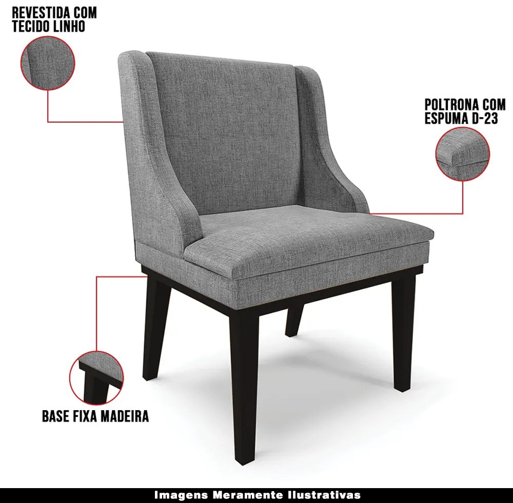 Poltrona Decorativa Base Fixa de Madeira Firenze Linho Grafite/Preto G19 - Gran Belo