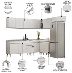 Armário de Cozinha Modulado de Canto 7 Peças CP24 com Pia Inox Branco