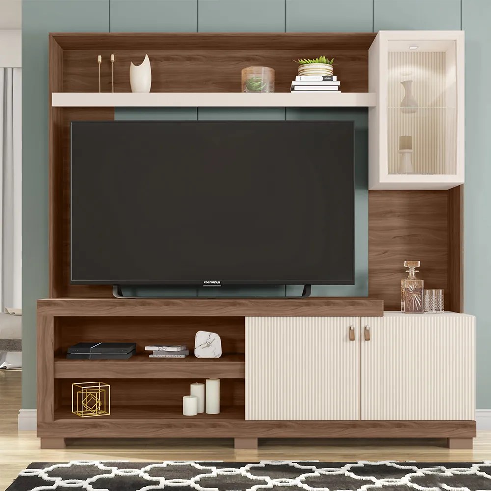 Estante TV 55 Pol 190cm Sala de Estar Liri C01 - D'Rossi - Nogueira/Off White