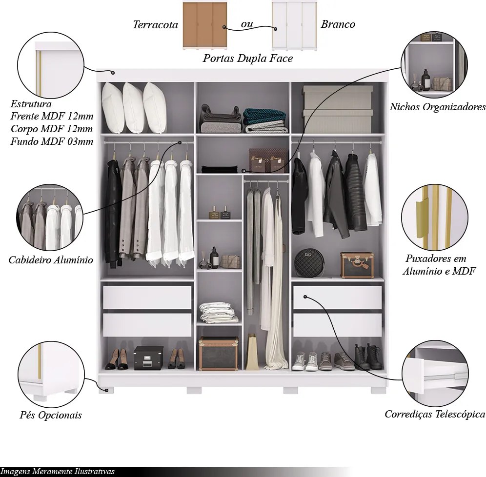 Guarda Roupa Casal Heros 3 Portas de Correr Dupla Face com Gavetas MDF Branco/Terracota G98 - Gran Belo