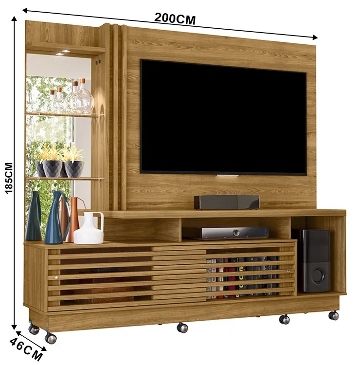 Estante de TV 60 Pol 200cm com Rodízio Sala de Estar Lumari M20 - D'Rossi - Cumaru