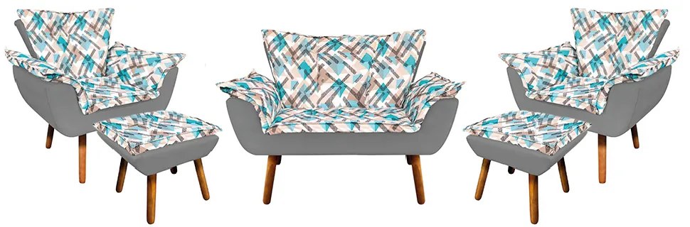 Kit 01 Namoradeira com 02 Poltronas e 02 Puffs Opala Composê Suede com Estampado Traçado Azul D33 Pés Palito Castanho - Grafite