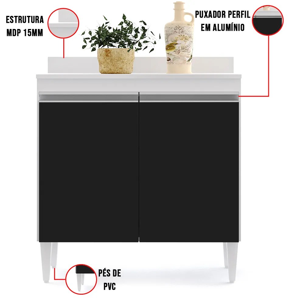 Balcão de Cozinha Lavanderia com Tampo 02 Portas Sara 80 cm L06 - D'Rossi - Branco e Preto