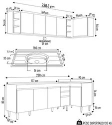 Armário de Cozinha Modulado de Canto Esquerdo 5 Peças CP54 com Pia Ino