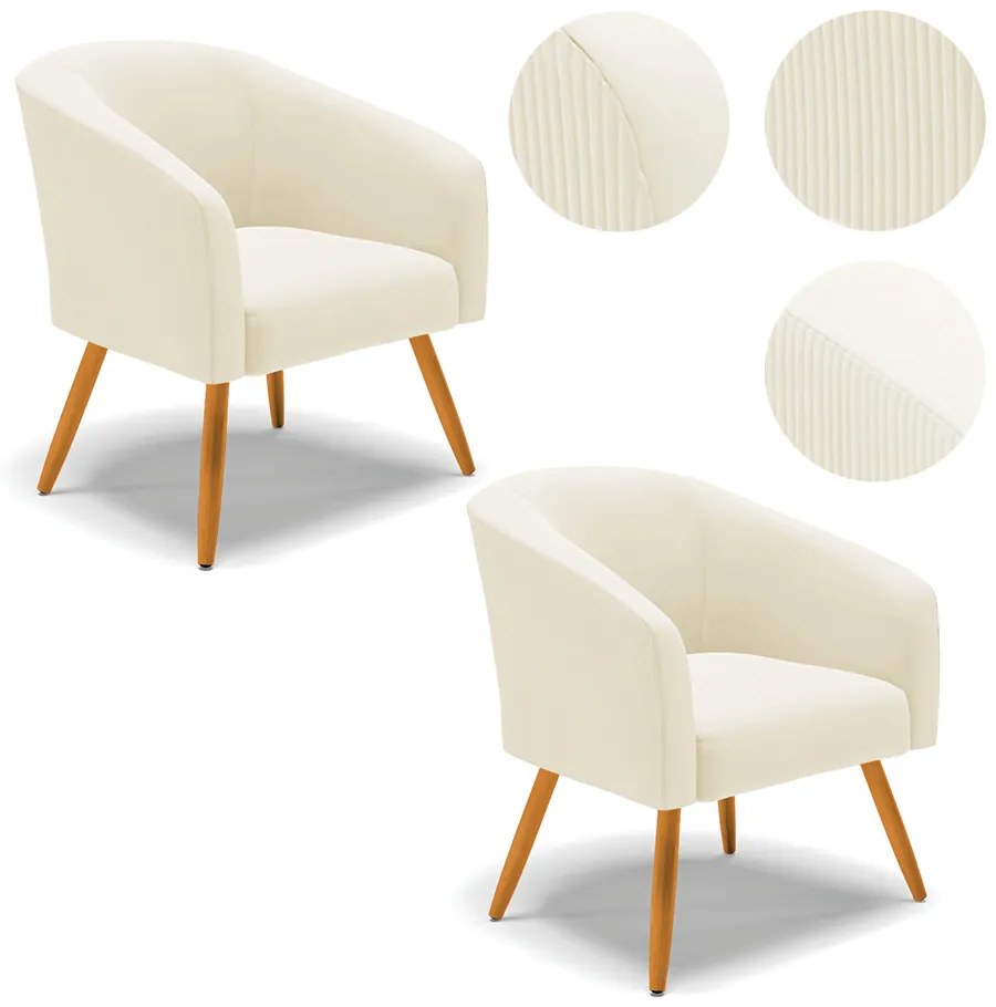 Poltrona Decorativa Pé Palito Castanho Kit 2 Stella Cotelê Ext/Veludo D03 - D'Rossi - Off White