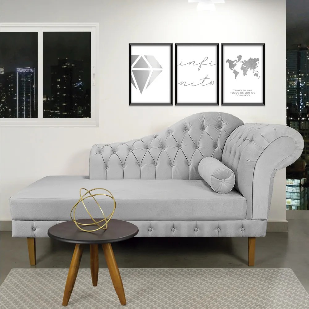 Divã Recamier Capitonê Mônaco 165 cm Suede Cinza Pés Chanfrado- D'Rossi