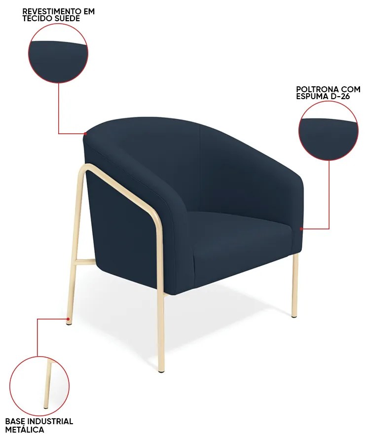 Poltrona Sala Industrial Alta Champanhe Kit 2 Stella Suede D03 - D'Rossi - Azul