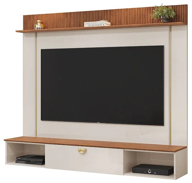 Painel Decorativo para TV 70" Vittar Ripado Canelado Porta Basculante OffWhite/Freijó G18 - Gran Belo