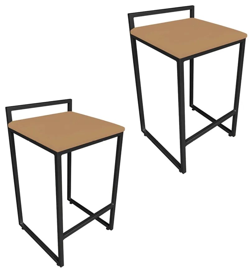 Conjunto 02 Banquetas Pietra Suede Base Preto - Caramelo Sisal