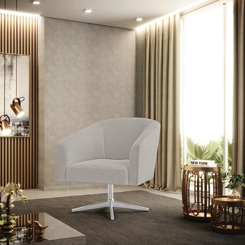 Poltrona Decorativa Giratória Cromada Stella Bouclê D03 - D'Rossi - Cinza