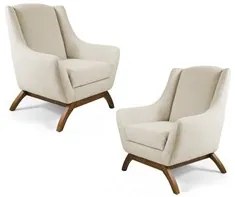 Kit 02 Poltronas Decorativas Juliet Base de Madeira C-107 Linho Bege -