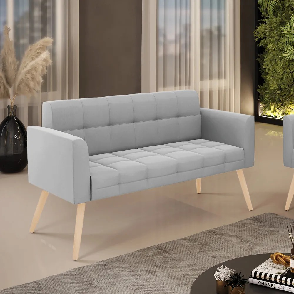 Sofá Namoradeira Elisa Suede Cinza Pés Palito Natural - D'Rossi