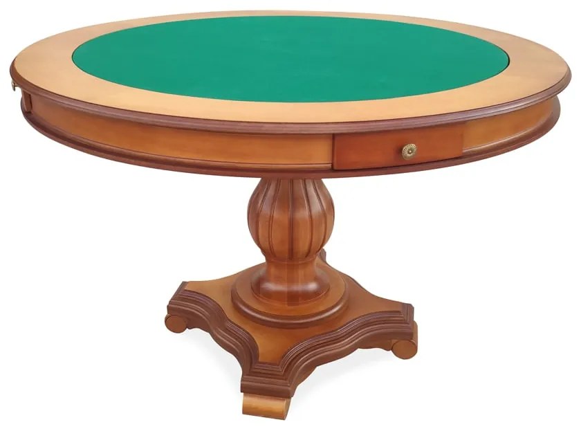 Mesa de Jogos Antique Mel Tampo Reversível com Tecido para Cartas e Tabuleiro de Xadrez em Marchetaria com Gavetas Base Madeira Entalhada