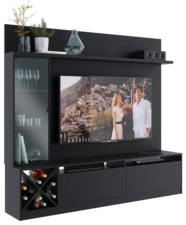 Painel Home Suspenso Sala Para Tv Vidro E 7 Prateleiras - Preto