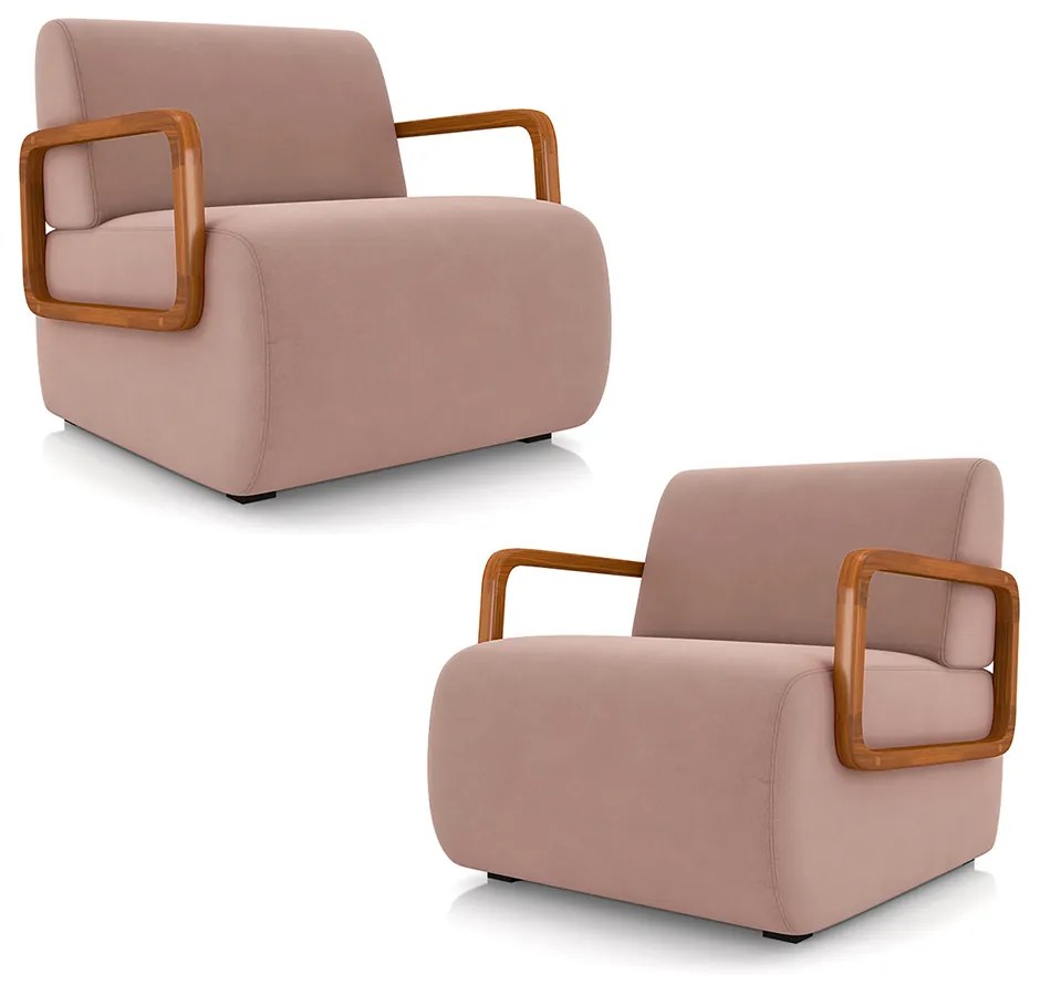 Kit 2 Poltronas Decorativa Sala de Estar Odessa Braços em Madeira Veludo Rosê G33 - Gran Belo