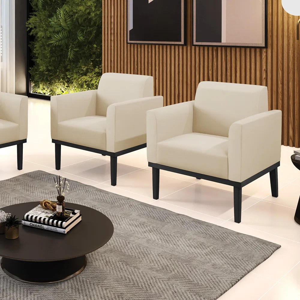 Kit 2 Poltronas Decorativas Isabella Pés Fixo em Madeira Preto PU Bege G19 - Gran Belo