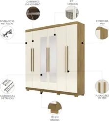 Guarda Roupa Casal 218cm Com Espelho Bolty Nature/Champanhe V02 - Mpoz