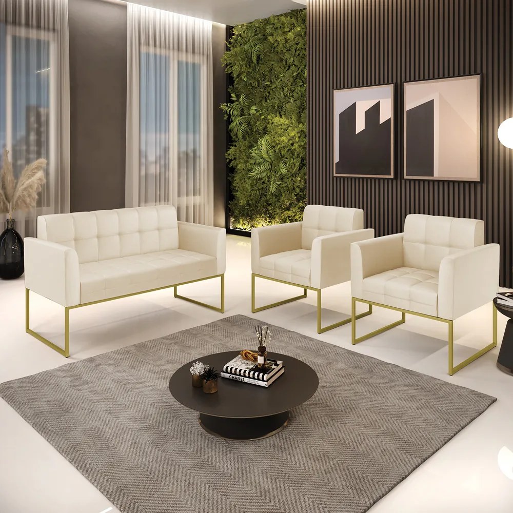 Kit 1 Sofá Namoradeira e 2 Poltronas Elisa Corino Base Metálica Industrial Dourado - D'Rossi - Bege