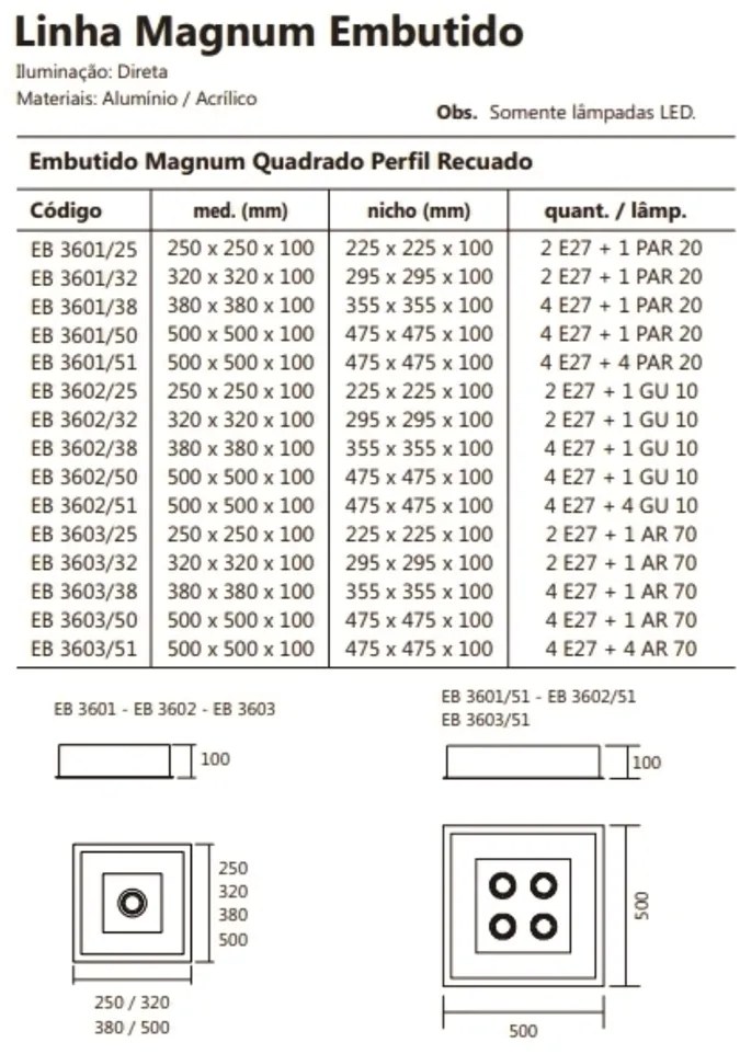 Luminária De Embutir Magnum Quadrado 50X50X10Cm 4L E27 + 01 Ar70 | Usi... (MR-T - Marrom Texturizado)