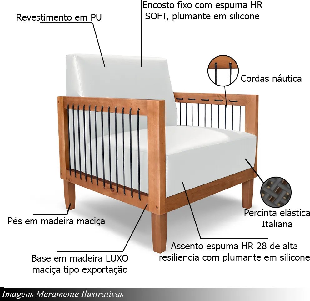 Poltrona Sala de Estar Pés Madeira Maciça Corda Náutica Preta 75cm Manila PU Branco G63 - Gran Belo