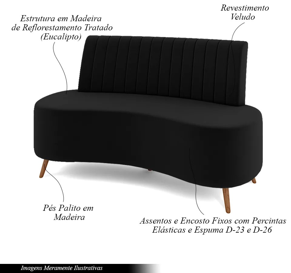 Sofá Living Decorativo 2 Lugares 1,35M Katara Preto Veludo G33 - Gran Belo